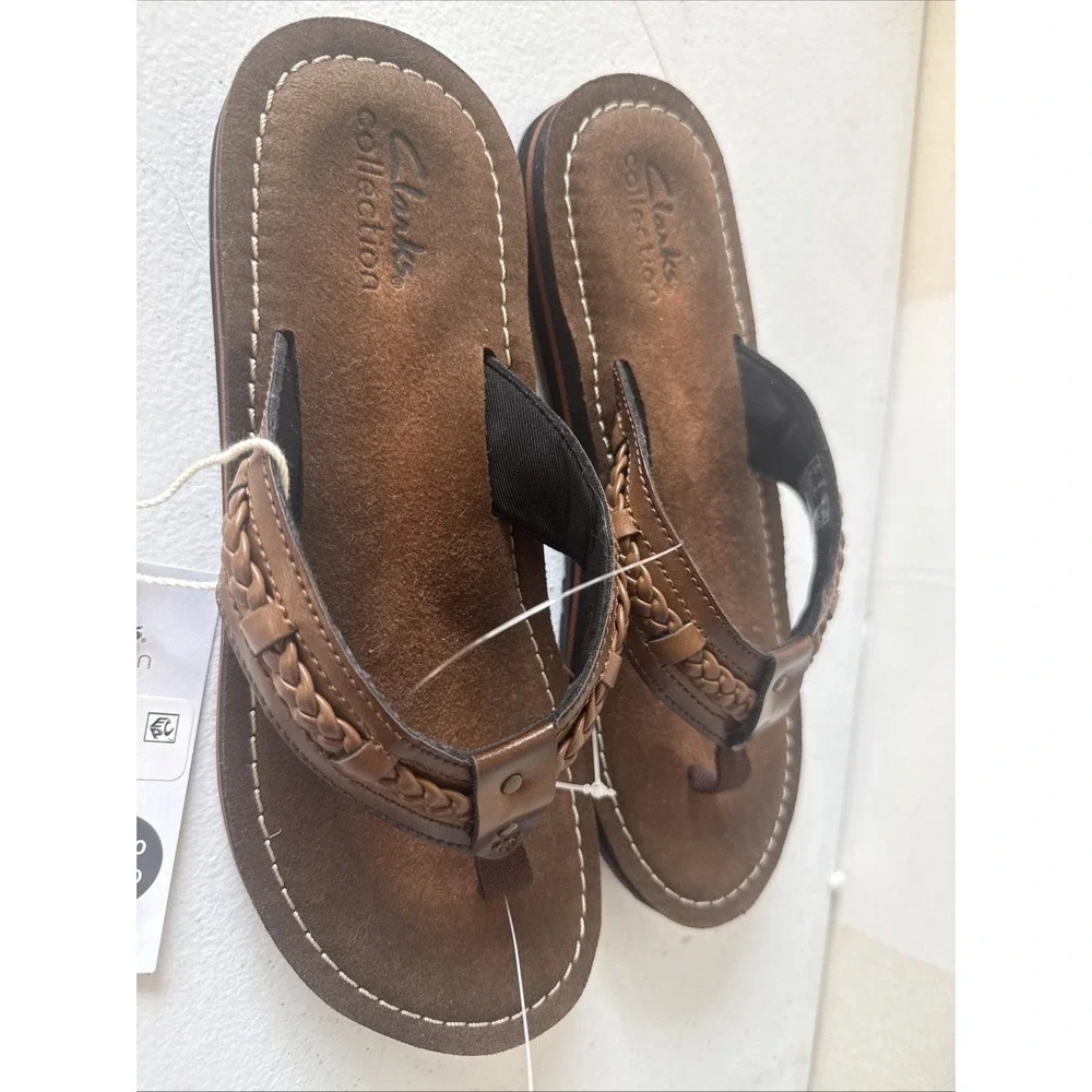 Clarks Collection Fenner Nerice Leather Braided Strap Flip Flops Brown Womens 6